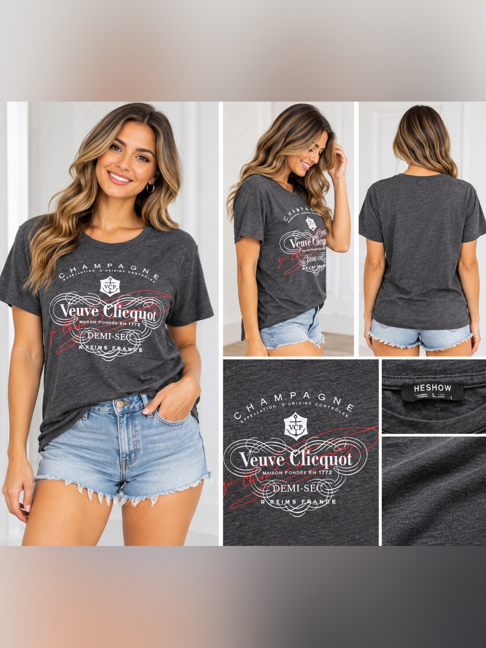 Veuve Clicquot Champagne Graphic Tee Charcoal Gray SHESHOW Size L